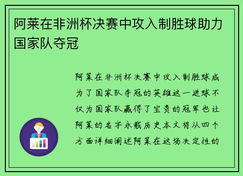 阿莱在非洲杯决赛中攻入制胜球助力国家队夺冠 阿莱在非洲杯决赛中攻入制胜球助力国家队夺冠